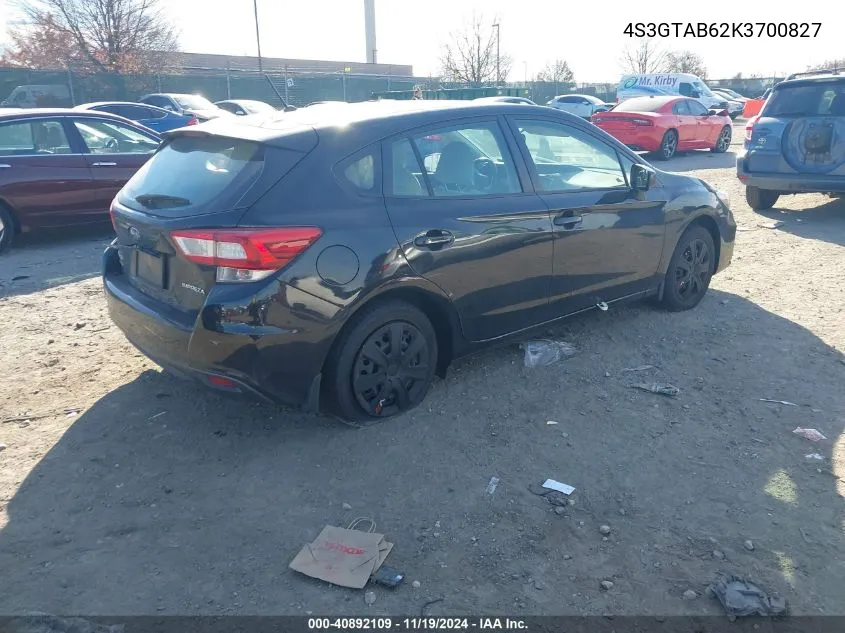 2019 Subaru Impreza 2.0I VIN: 4S3GTAB62K3700827 Lot: 40892109