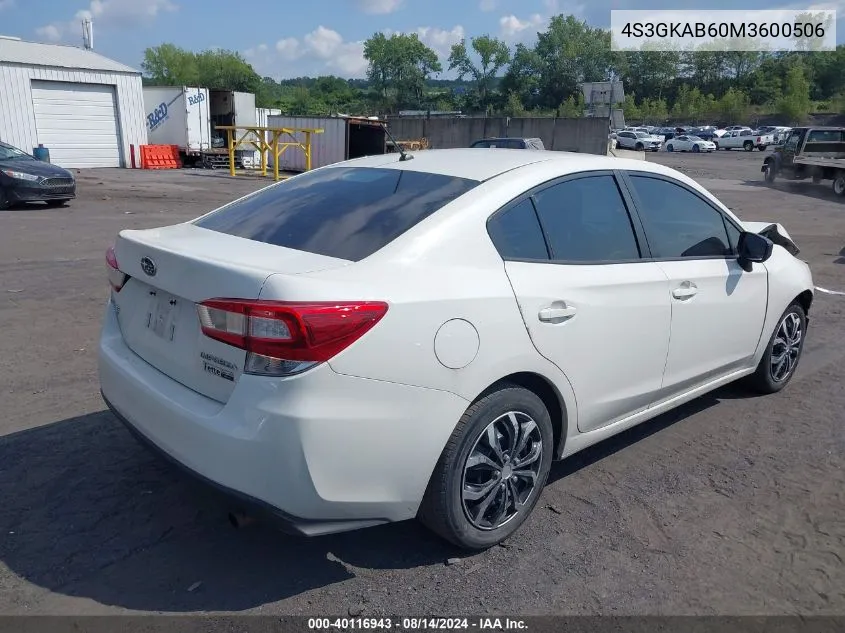 2021 Subaru Impreza Sedan VIN: 4S3GKAB60M3600506 Lot: 40116943