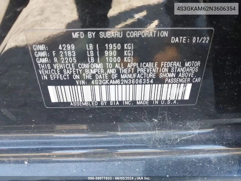 4S3GKAM62N3606354 2022 Subaru Impreza Sport