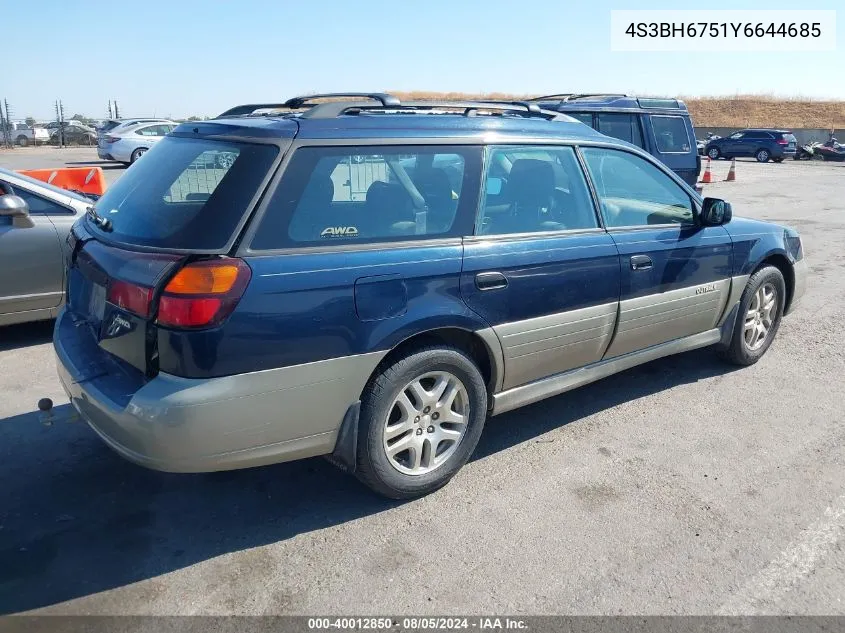 2000 Subaru Outback VIN: 4S3BH6751Y6644685 Lot: 40012850