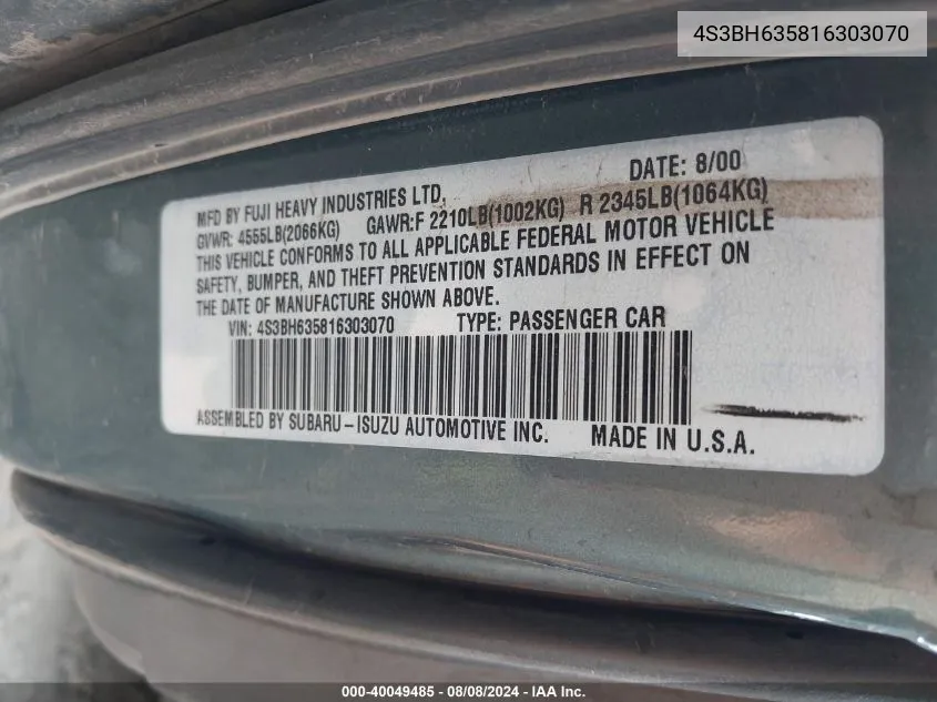 4S3BH635816303070 2001 Subaru Legacy L