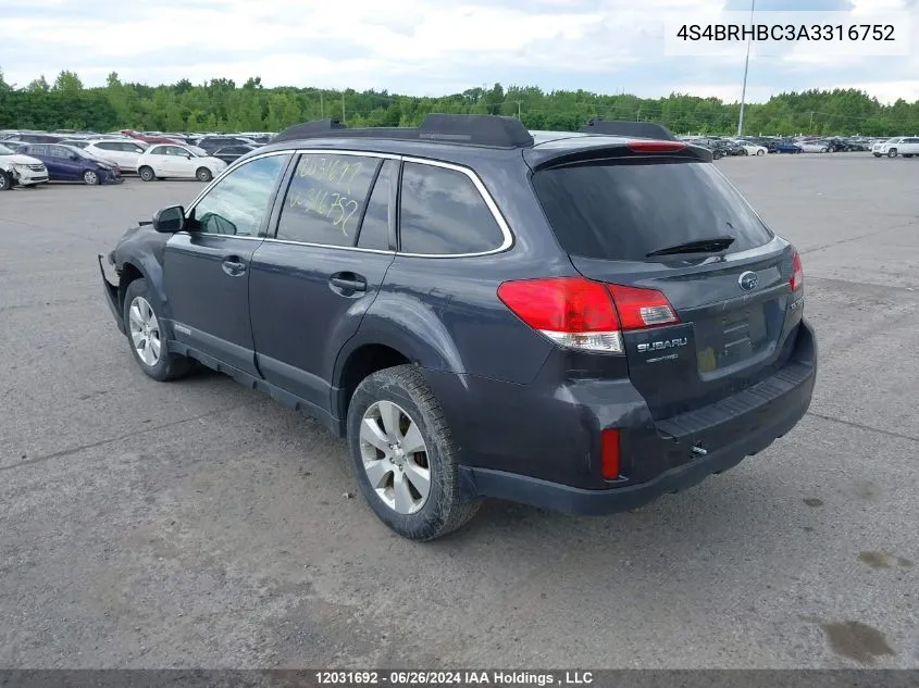 2010 Subaru Legacy Outback VIN: 4S4BRHBC3A3316752 Lot: 12031692