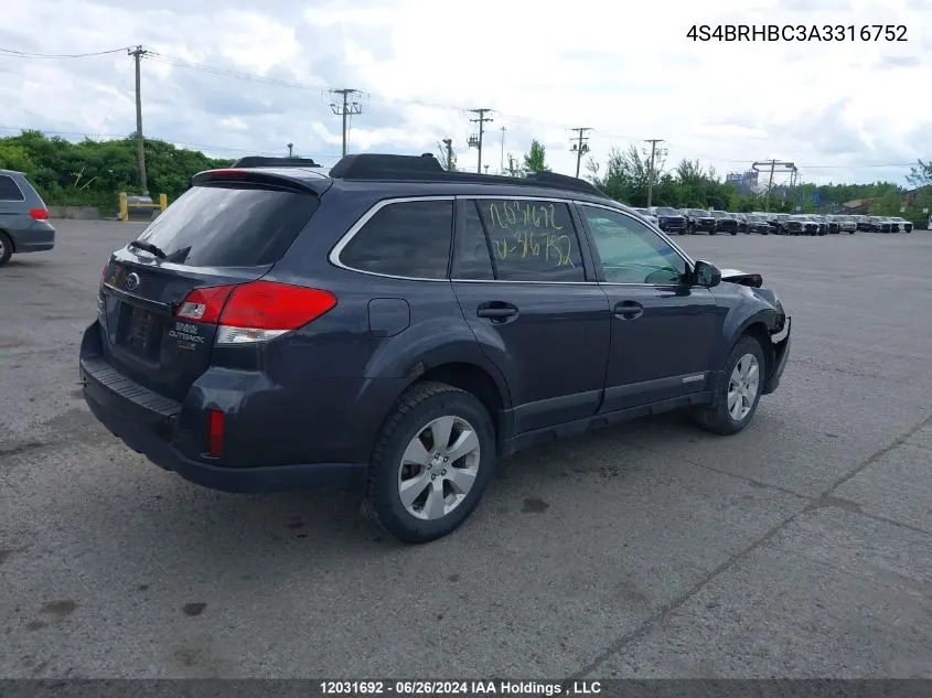 2010 Subaru Legacy Outback VIN: 4S4BRHBC3A3316752 Lot: 12031692