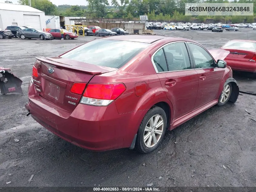 2011 Subaru Legacy 2.5I Premium VIN: 4S3BMBG66B3243848 Lot: 40002653