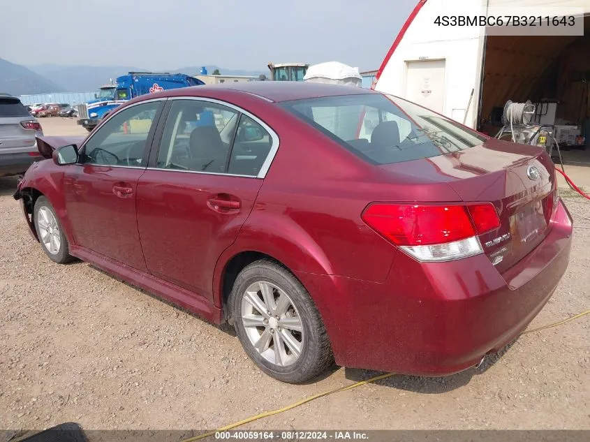 2011 Subaru Legacy 2.5I Premium VIN: 4S3BMBC67B3211643 Lot: 40059164