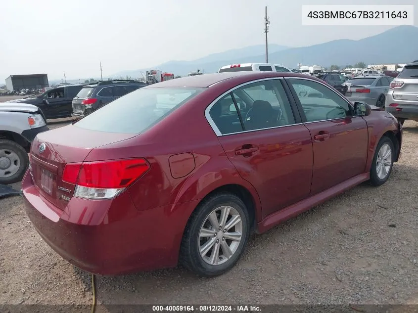 2011 Subaru Legacy 2.5I Premium VIN: 4S3BMBC67B3211643 Lot: 40059164