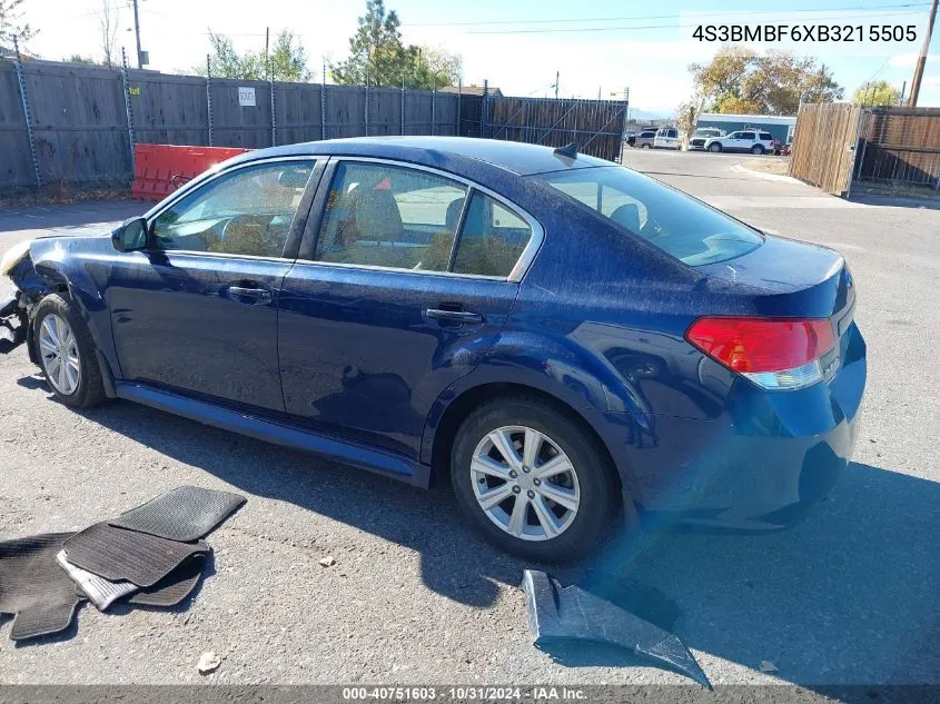 2011 Subaru Legacy 2.5I Premium VIN: 4S3BMBF6XB3215505 Lot: 40751603