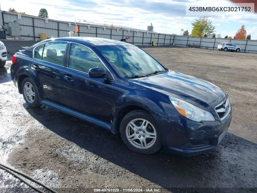 2012 Subaru Legacy 2.5I Premium VIN: 4S3BMBG6XC3021752 Lot: 40761028