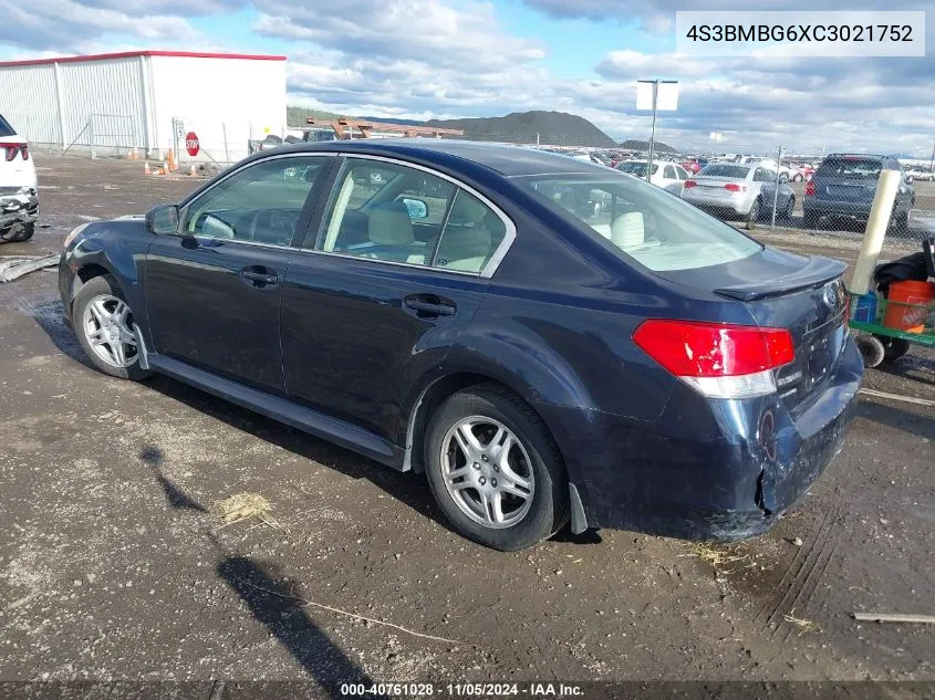 2012 Subaru Legacy 2.5I Premium VIN: 4S3BMBG6XC3021752 Lot: 40761028