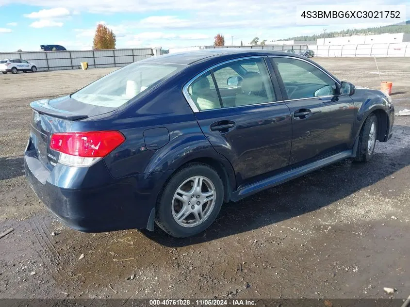 2012 Subaru Legacy 2.5I Premium VIN: 4S3BMBG6XC3021752 Lot: 40761028