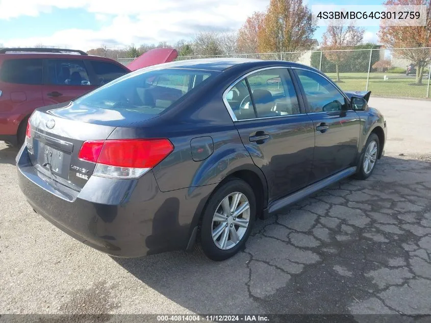 2012 Subaru Legacy 2.5I Premium VIN: 4S3BMBC64C3012759 Lot: 40814004