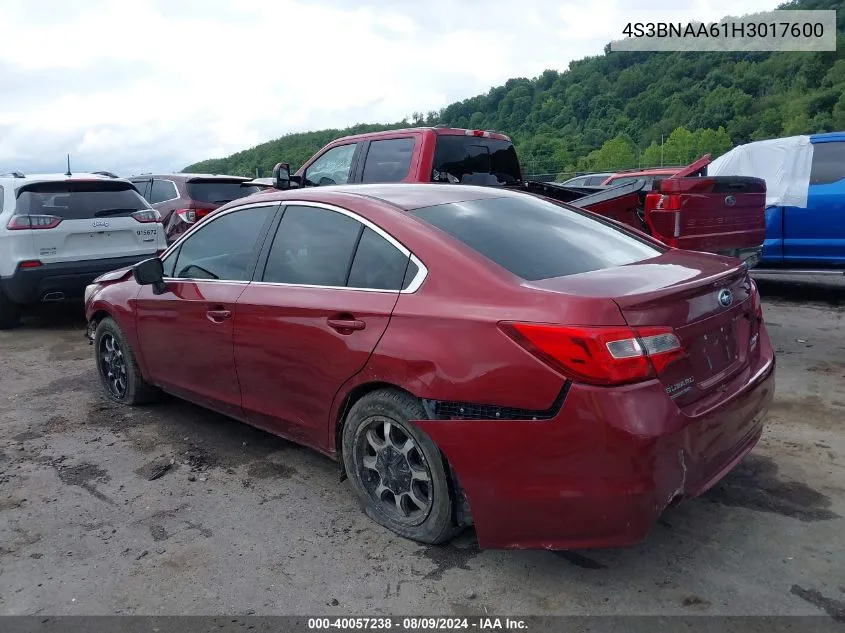 2017 Subaru Legacy 2.5I VIN: 4S3BNAA61H3017600 Lot: 40057238