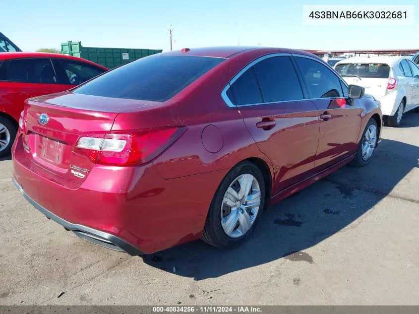 2019 Subaru Legacy 2.5I VIN: 4S3BNAB66K3032681 Lot: 40834256