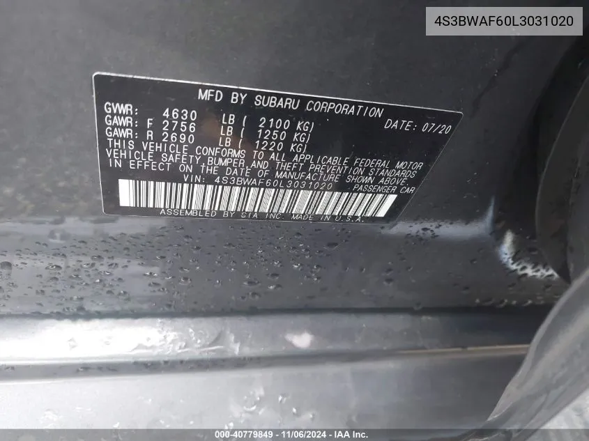 4S3BWAF60L3031020 2020 Subaru Legacy Sport