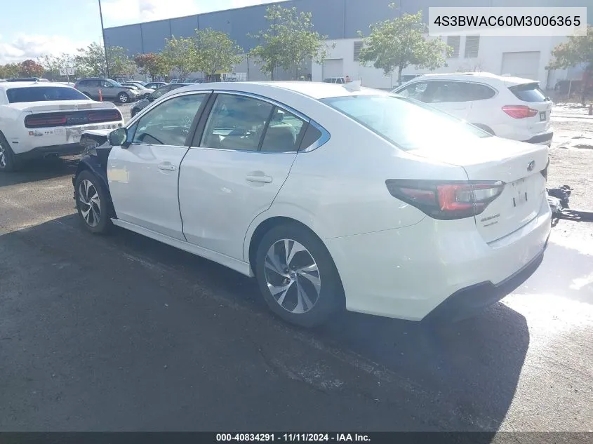 2021 Subaru Legacy Premium VIN: 4S3BWAC60M3006365 Lot: 40834291