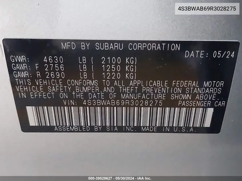 4S3BWAB69R3028275 2024 Subaru Legacy