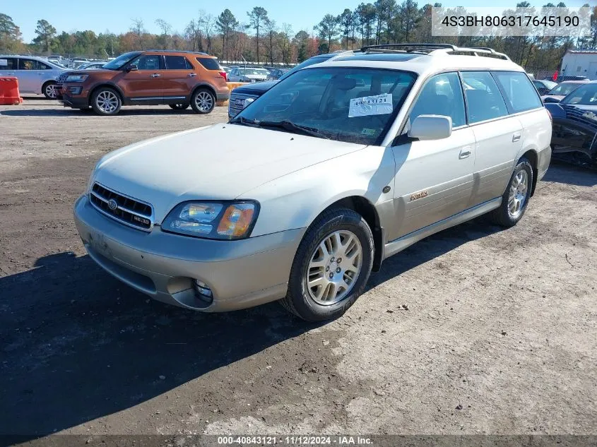 2001 Subaru Outback H6-3.0 VIN: 4S3BH806317645190 Lot: 40843121