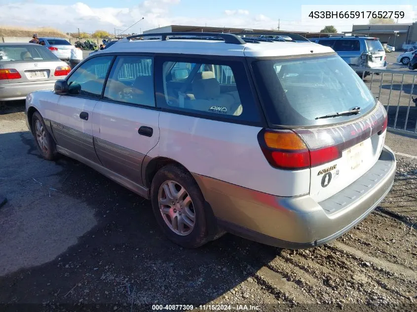 2001 Subaru Outback VIN: 4S3BH665917652759 Lot: 40877309