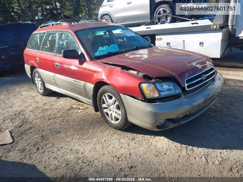 2002 Subaru Outback VIN: 4S3BH665027601751 Lot: 40457599