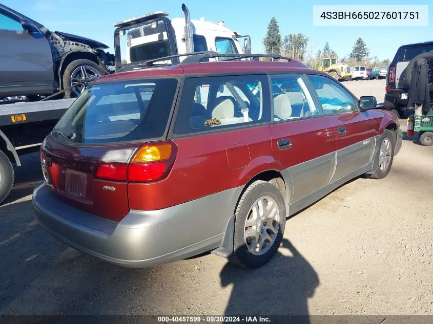 2002 Subaru Outback VIN: 4S3BH665027601751 Lot: 40457599