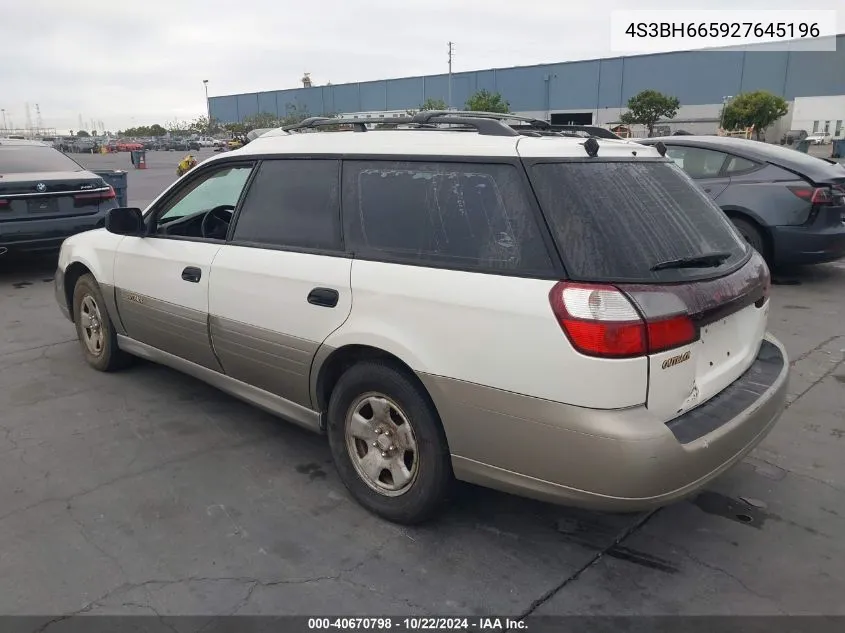 2002 Subaru Outback VIN: 4S3BH665927645196 Lot: 40670798