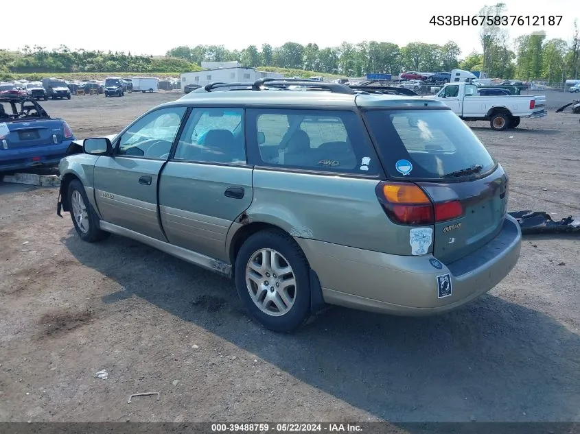 2003 Subaru Outback VIN: 4S3BH675837612187 Lot: 39488759