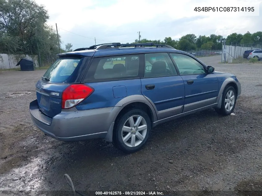 2008 Subaru Outback 2.5I/2.5I L.l. Bean Edition VIN: 4S4BP61C087314195 Lot: 40162575