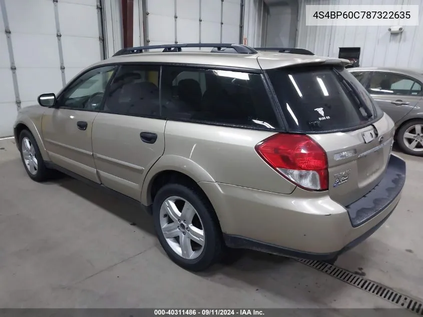 2008 Subaru Outback VIN: 4S4BP60C787322635 Lot: 40311486