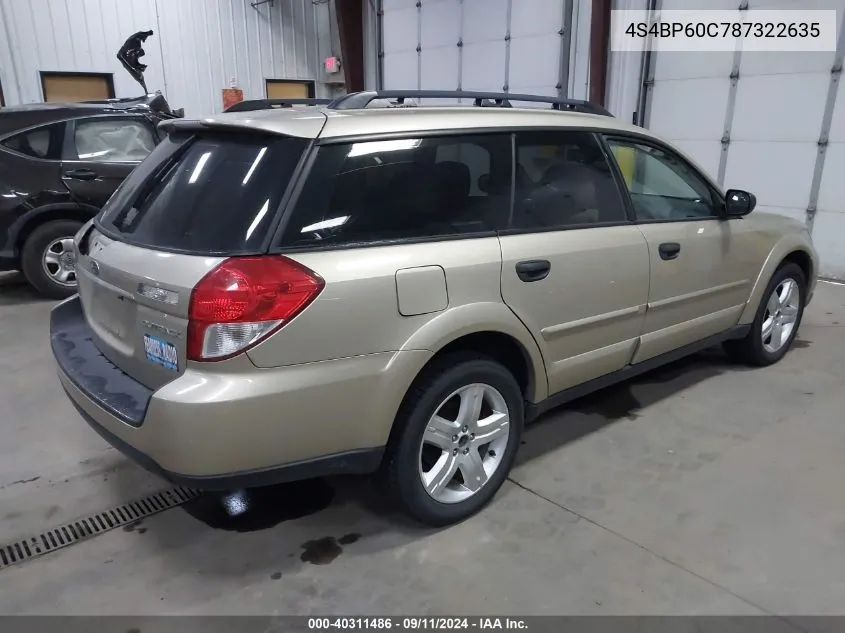 2008 Subaru Outback VIN: 4S4BP60C787322635 Lot: 40311486