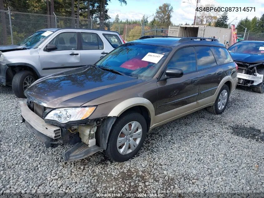 2008 Subaru Outback VIN: 4S4BP60C087314571 Lot: 40631197