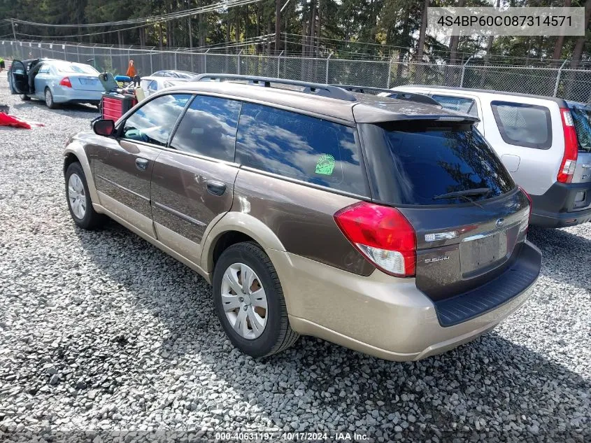 2008 Subaru Outback VIN: 4S4BP60C087314571 Lot: 40631197