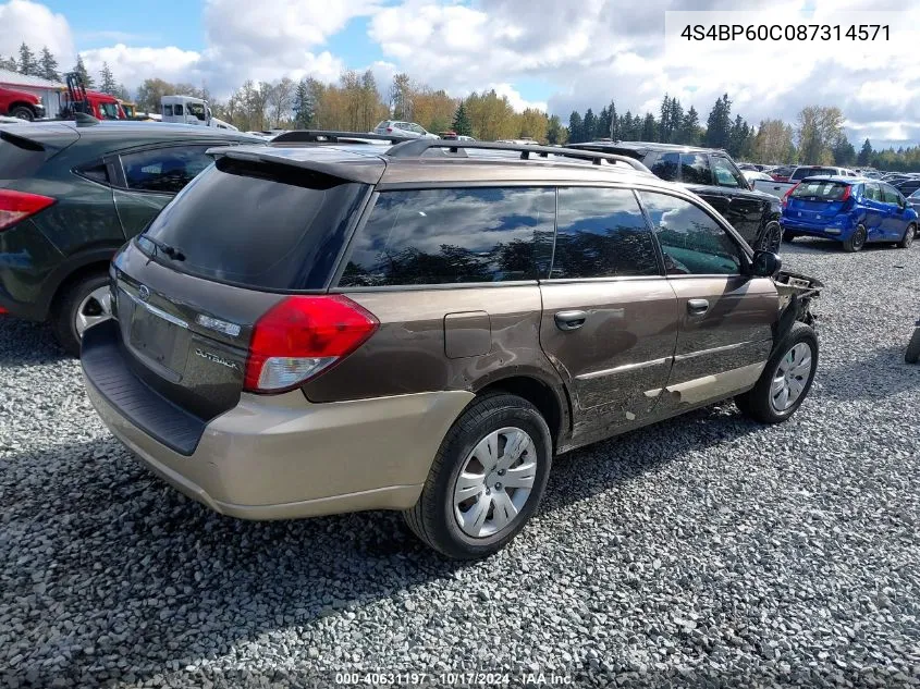 2008 Subaru Outback VIN: 4S4BP60C087314571 Lot: 40631197