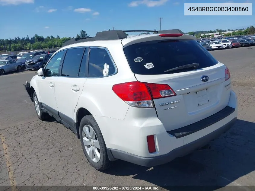 2011 Subaru Outback 2.5I Premium VIN: 4S4BRBGC0B3400860 Lot: 39926282