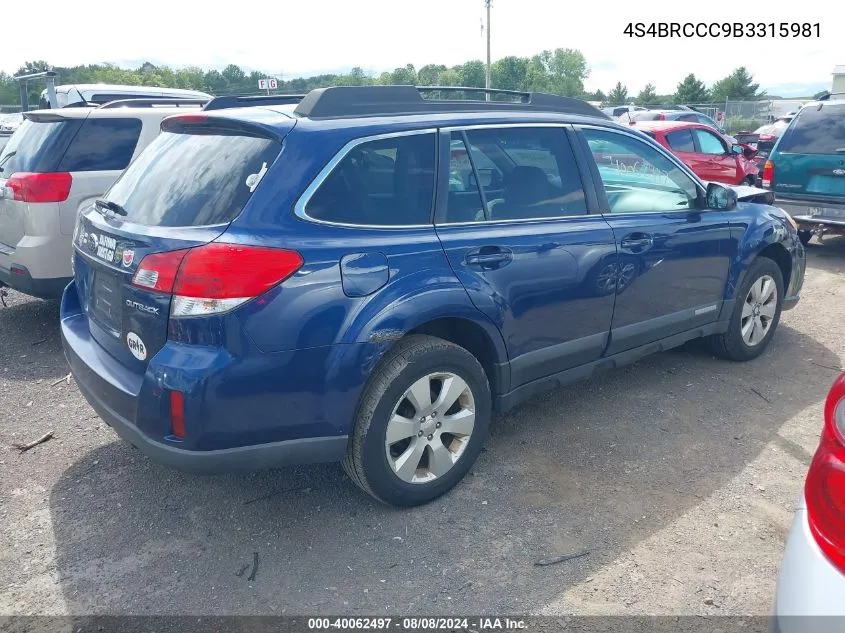 4S4BRCCC9B3315981 2011 Subaru Outback 2.5I Premium