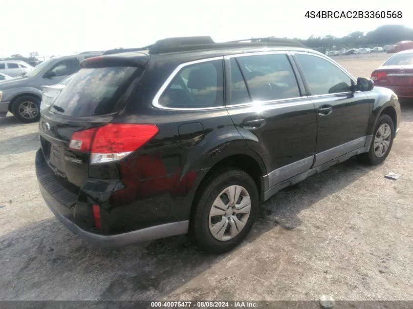 2011 Subaru Outback 2.5I VIN: 4S4BRCAC2B3360568 Lot: 40075477