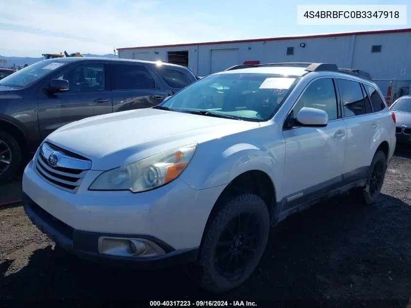 2011 Subaru Outback 2.5I Premium VIN: 4S4BRBFC0B3347918 Lot: 40317223