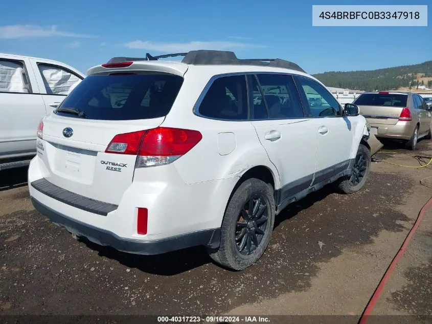 2011 Subaru Outback 2.5I Premium VIN: 4S4BRBFC0B3347918 Lot: 40317223