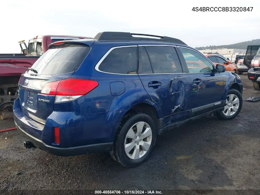 2011 Subaru Outback 2.5I Premium VIN: 4S4BRCCC8B3320847 Lot: 40554706