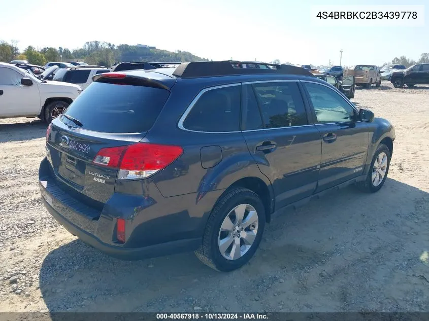 2011 Subaru Outback 2.5I Limited VIN: 4S4BRBKC2B3439778 Lot: 40567918