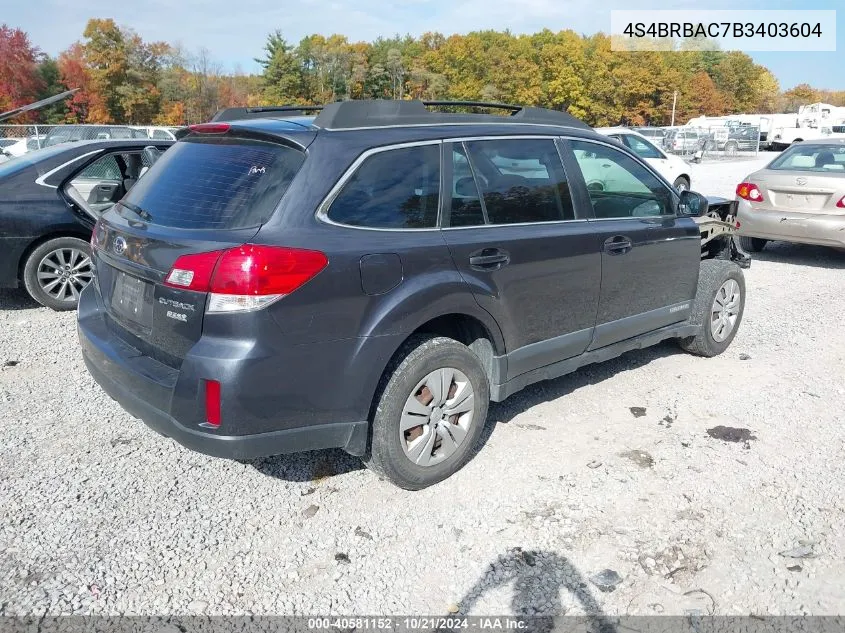 2011 Subaru Outback 2.5I VIN: 4S4BRBAC7B3403604 Lot: 40581152