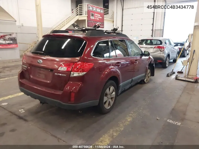 2011 Subaru Outback 2.5I Premium VIN: 4S4BRCCC4B3434778 Lot: 40756639