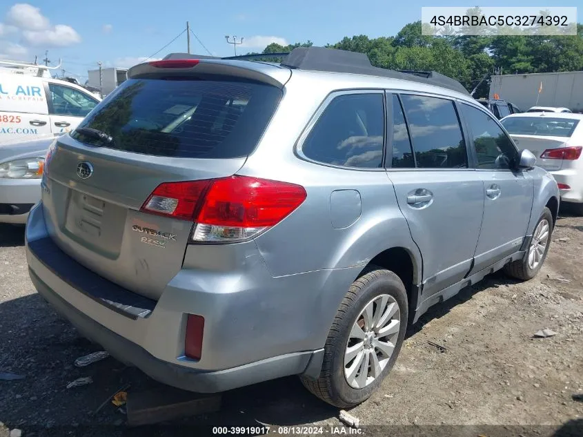 2012 Subaru Outback 2.5I VIN: 4S4BRBAC5C3274392 Lot: 39919017