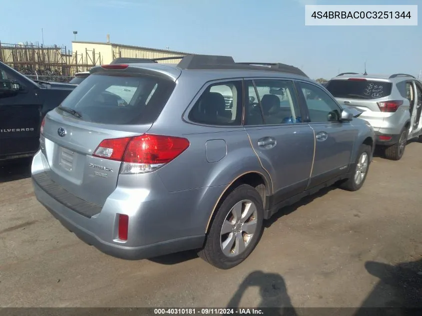 2012 Subaru Outback 2.5I VIN: 4S4BRBAC0C3251344 Lot: 40310181