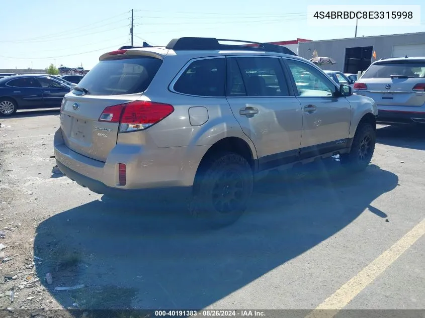 2014 Subaru Outback 2.5I Premium VIN: 4S4BRBDC8E3315998 Lot: 40191383