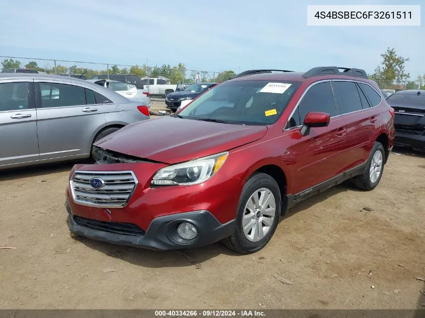 2015 Subaru Outback 2.5I Premium VIN: 4S4BSBEC6F3261511 Lot: 40334266