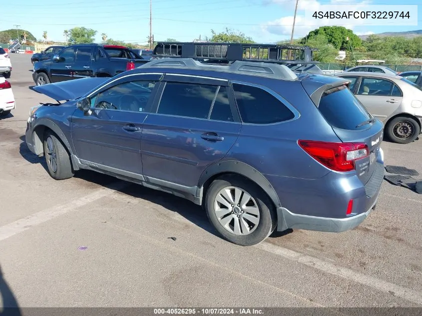 2015 Subaru Outback 2.5I Premium VIN: 4S4BSAFC0F3229744 Lot: 40526295