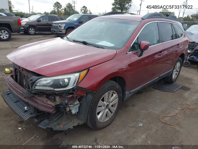 2015 Subaru Outback 2.5I Premium VIN: 4S4BSACC5F3317922 Lot: 40722746