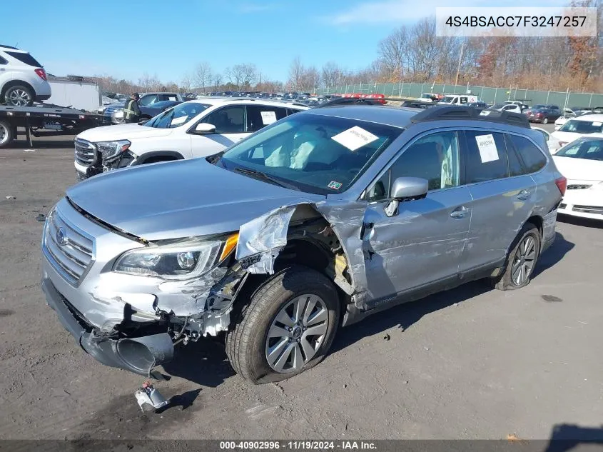 2015 Subaru Outback 2.5I Premium VIN: 4S4BSACC7F3247257 Lot: 40902996