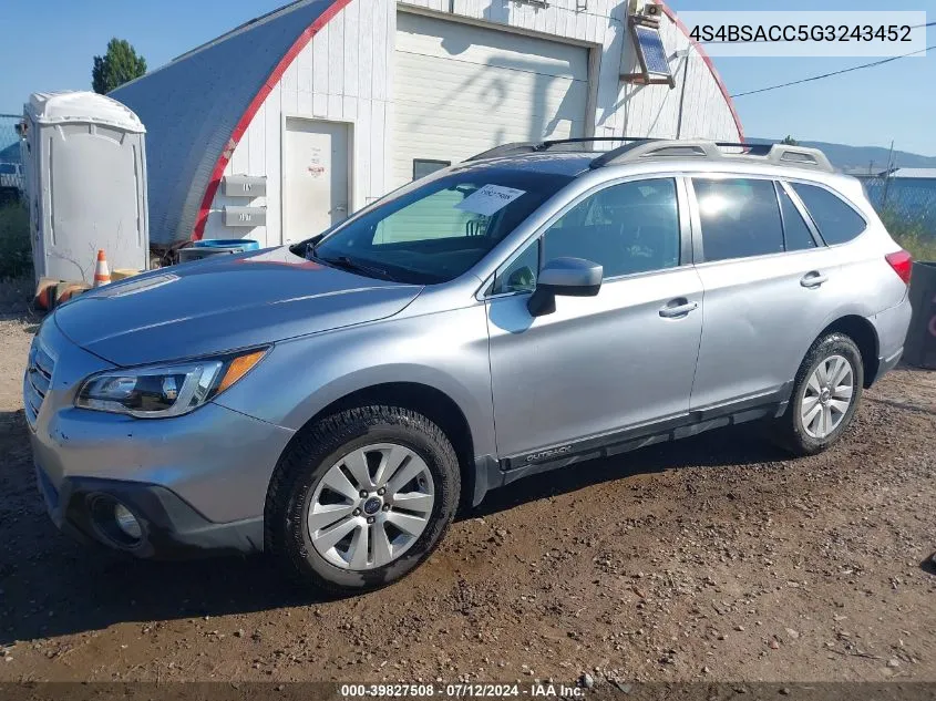 2016 Subaru Outback 2.5I Premium VIN: 4S4BSACC5G3243452 Lot: 39827508