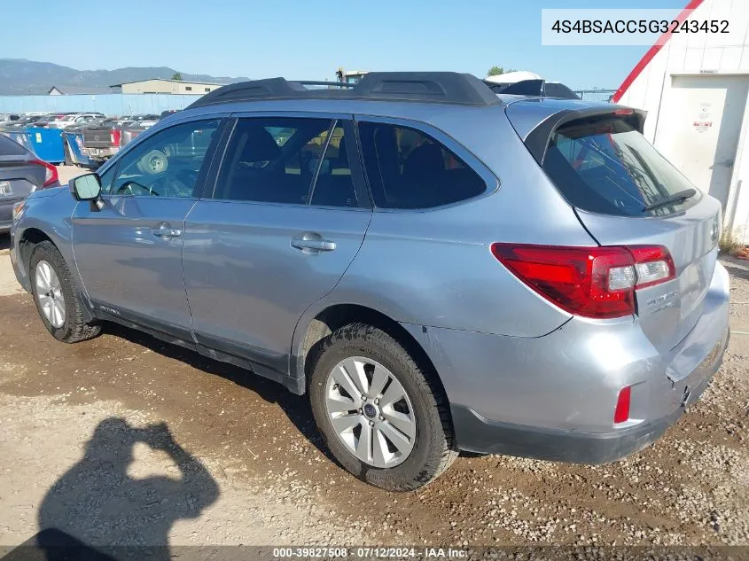 2016 Subaru Outback 2.5I Premium VIN: 4S4BSACC5G3243452 Lot: 39827508